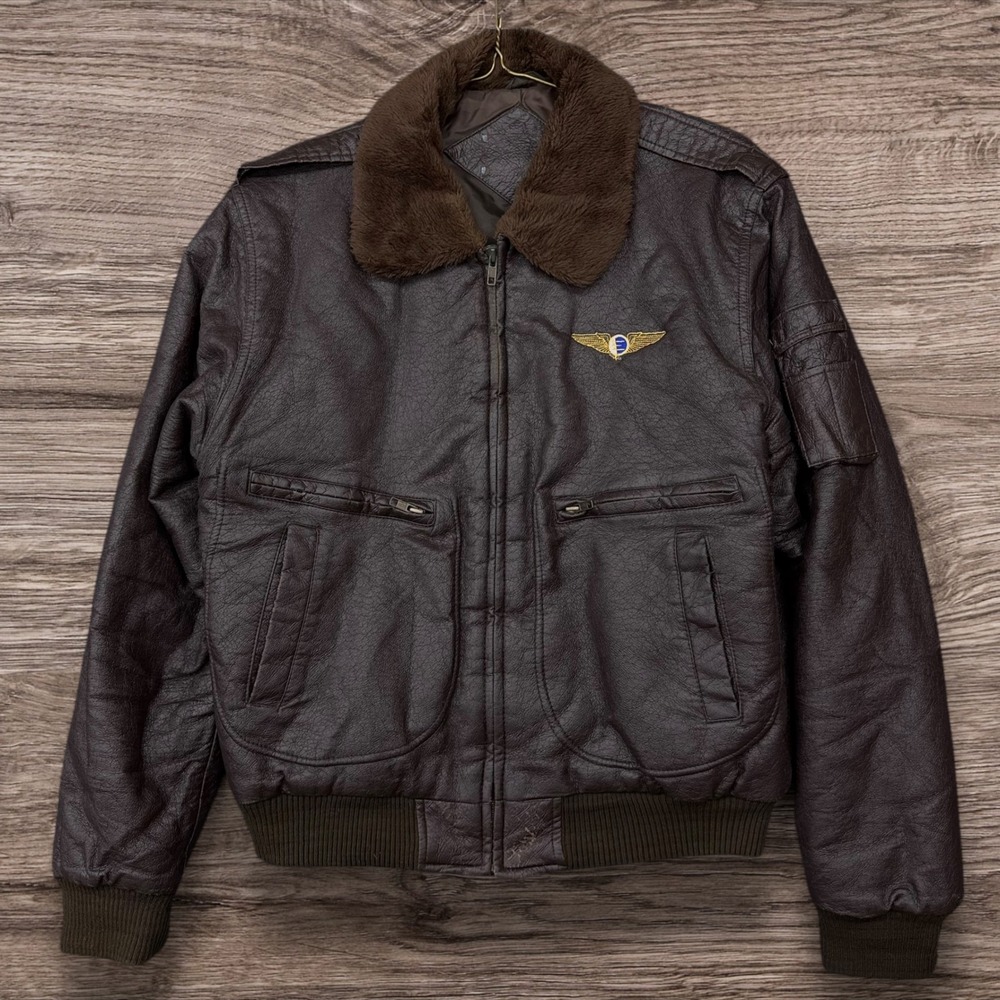 Vintage Brown Faux Leather Flight Bomber Jacket Faux Fur Collar Pilot Wings Mens